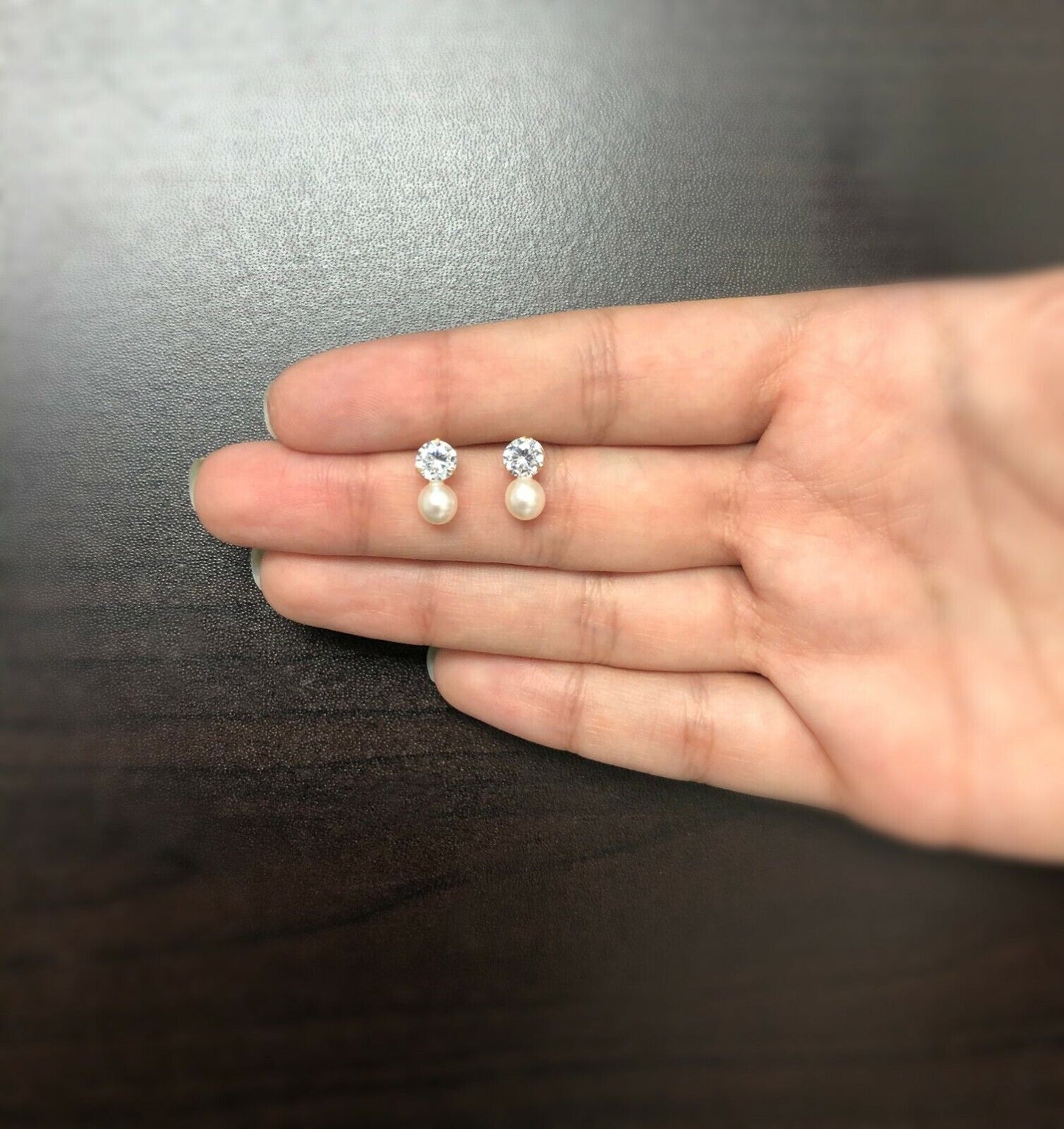 18K Solid Gold Pearl and CZ Stud Earrings Classic White Pearl with Sparkling Cubic Zirconia and Butterfly Backs for Girls or Teens