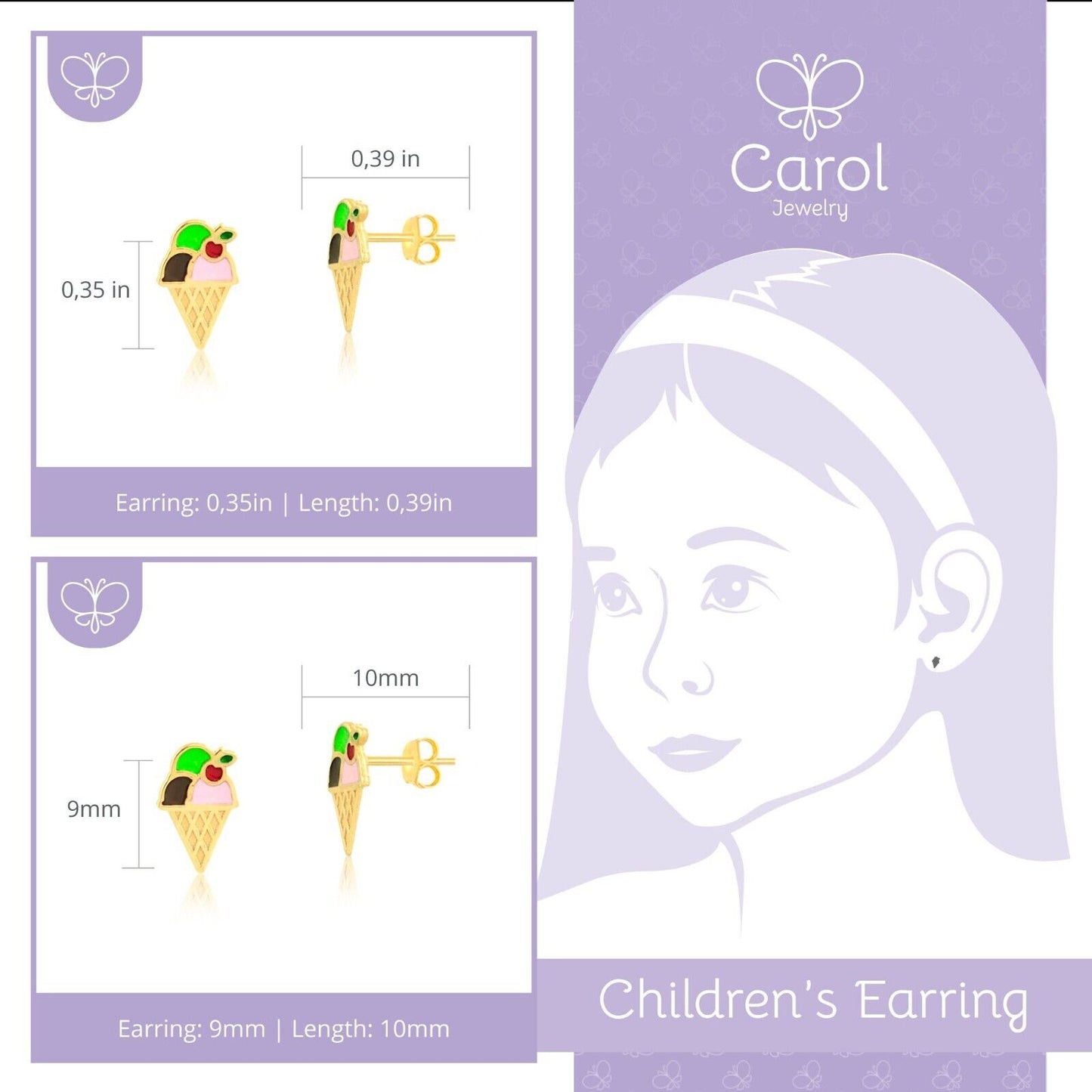 18k Solid Gold Enamel Ice Cream Butterfly Back Stud Earrings Infant and Toddler