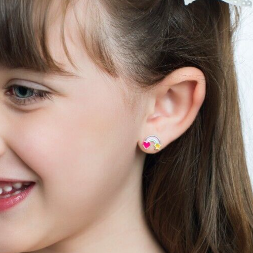 14k Gold Enamel Rainbow Earrings Studs with Push Backs