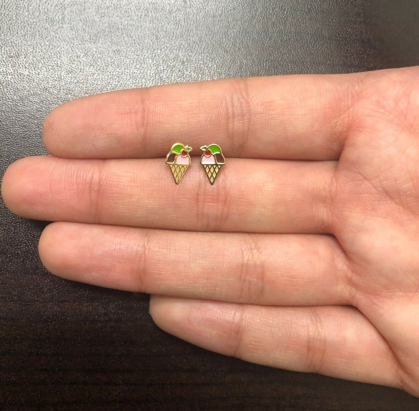 18k Solid Gold Enamel Ice Cream Butterfly Back Stud Earrings Infant and Toddler