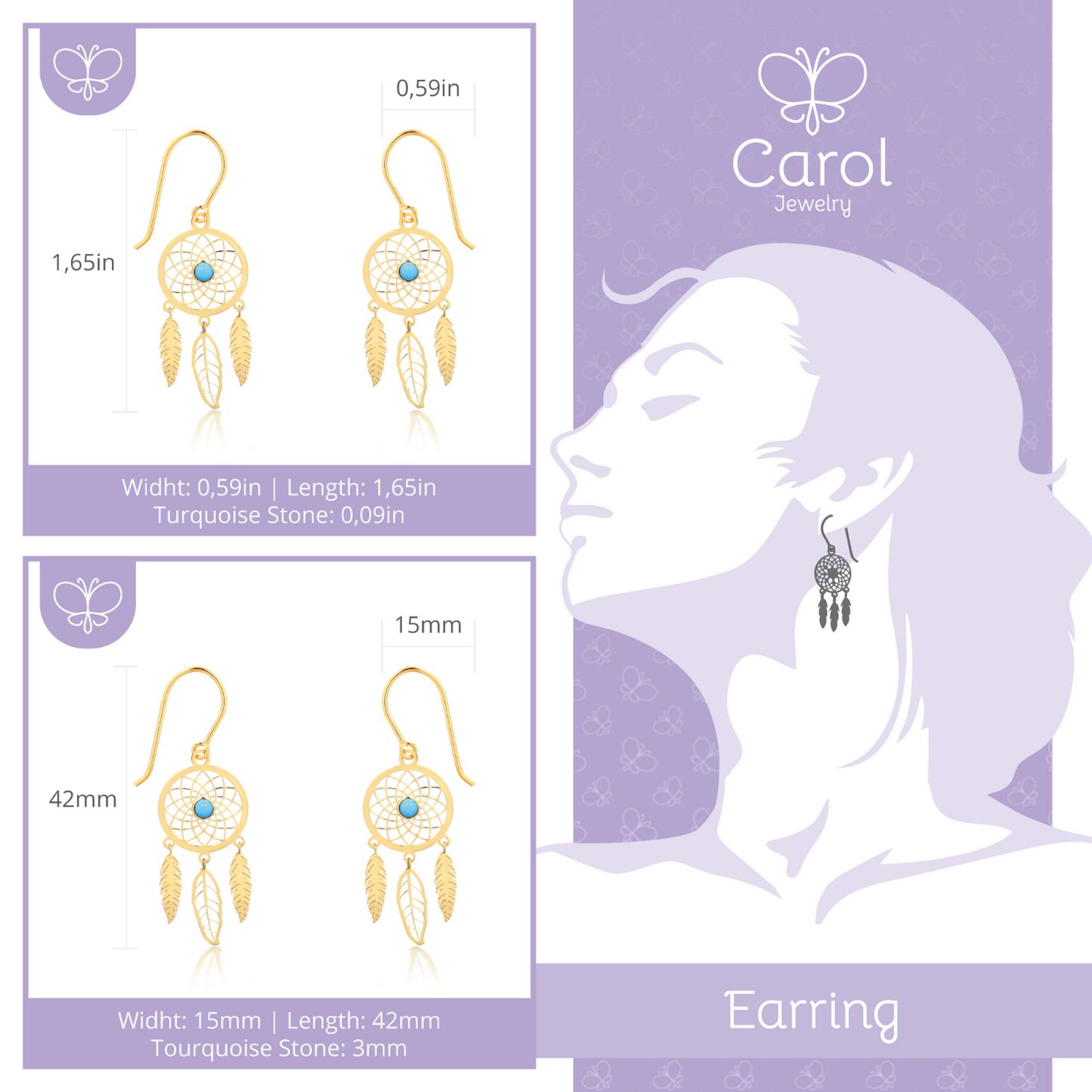 Dream Catcher 18k Solid Yellow Gold Turquoise Stone Hook Drop Dangle Earrings