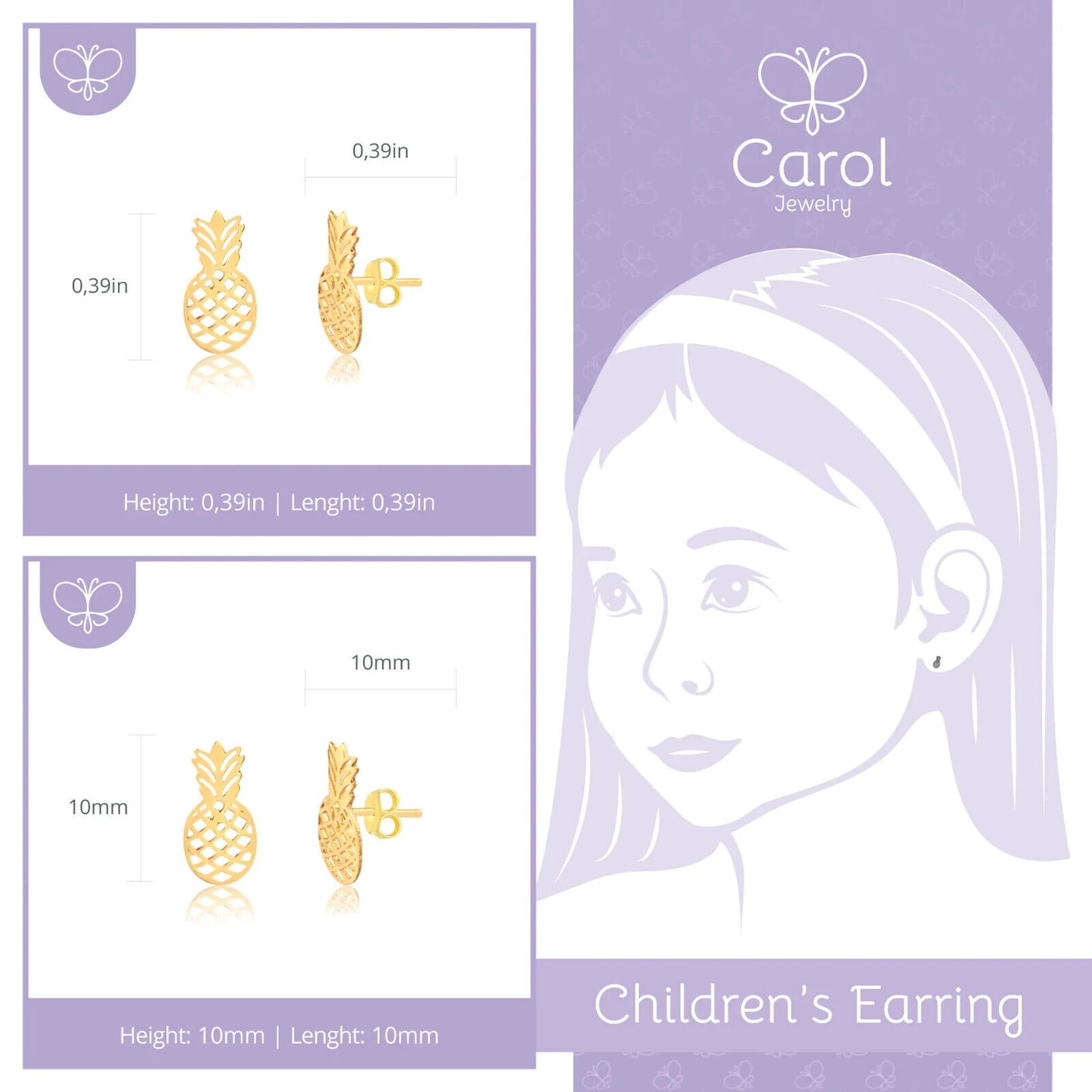 Pineapple Shape 18k Solid Gold Butterfly Back Stud Earrings for Toddler Girls