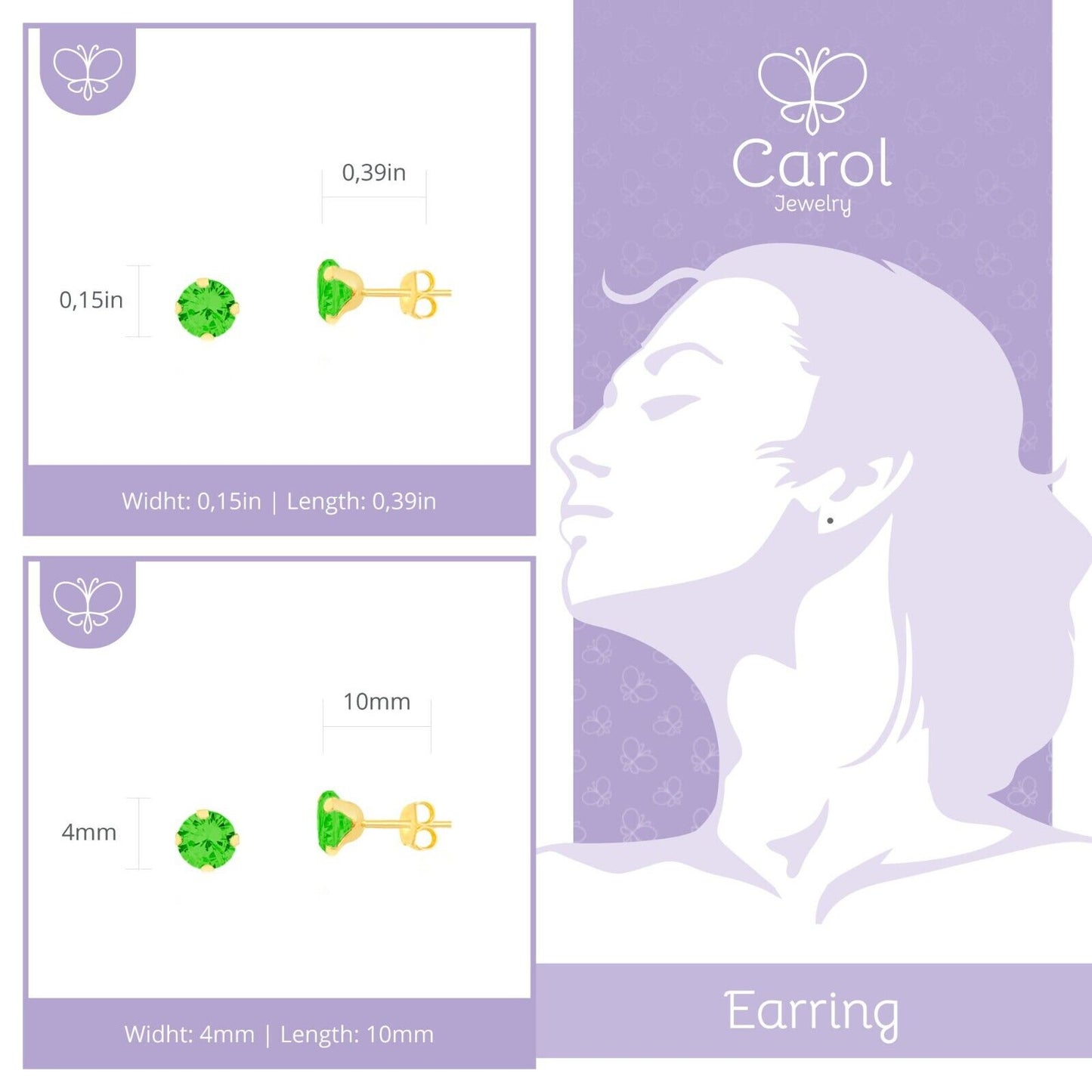18k Solid Gold Green Zircon 4 mm Butterfly Backs Stud Earrings for Children