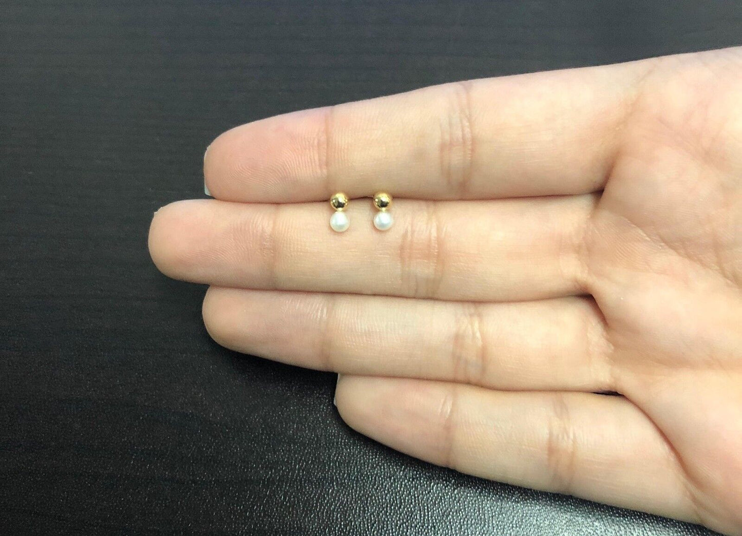 18k Solid Gold 3mm Pearl & Ball Stud Earrings for Babies & Infants