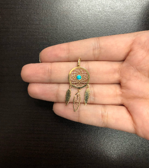 18K Gold Dream Catcher Charm Gift Dream Catcher Turquoise Stone Pendant For Her