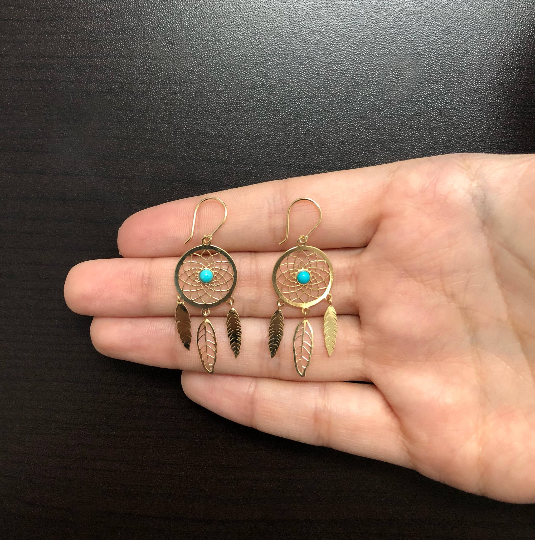 Dream Catcher 18k Solid Yellow Gold Turquoise Stone Hook Drop Dangle Earrings