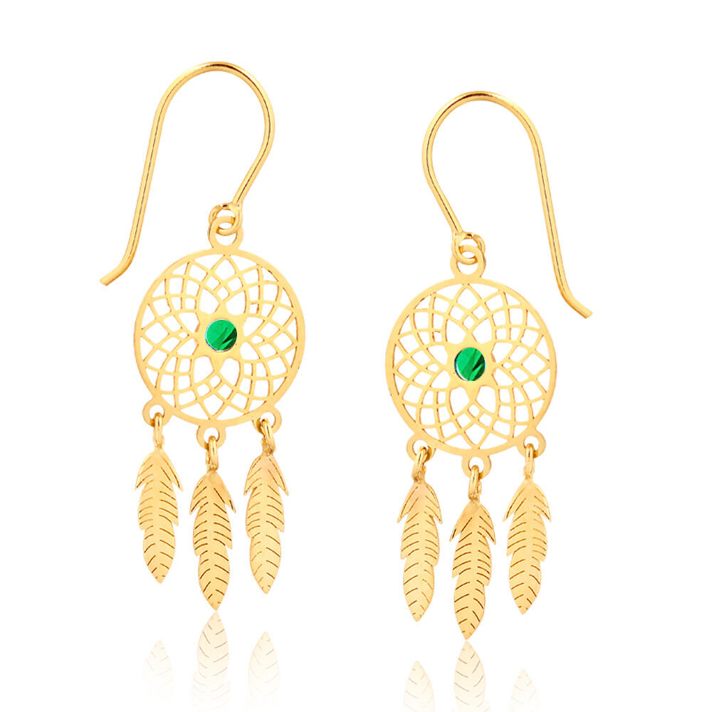 Dream Catcher 18k Yellow Gold Feather Green Zircon Hook Drop Dangle Earrings