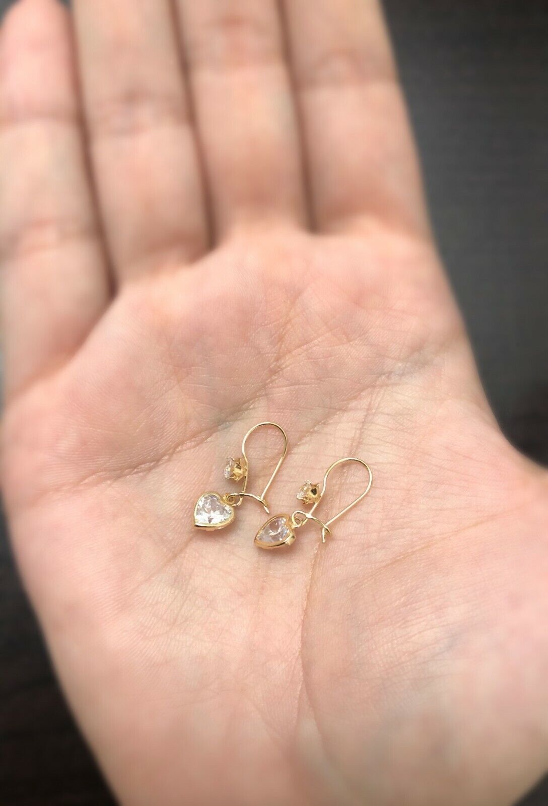 18k Solid Gold Heart CZ Drop Hook Earrings for Women & Teens