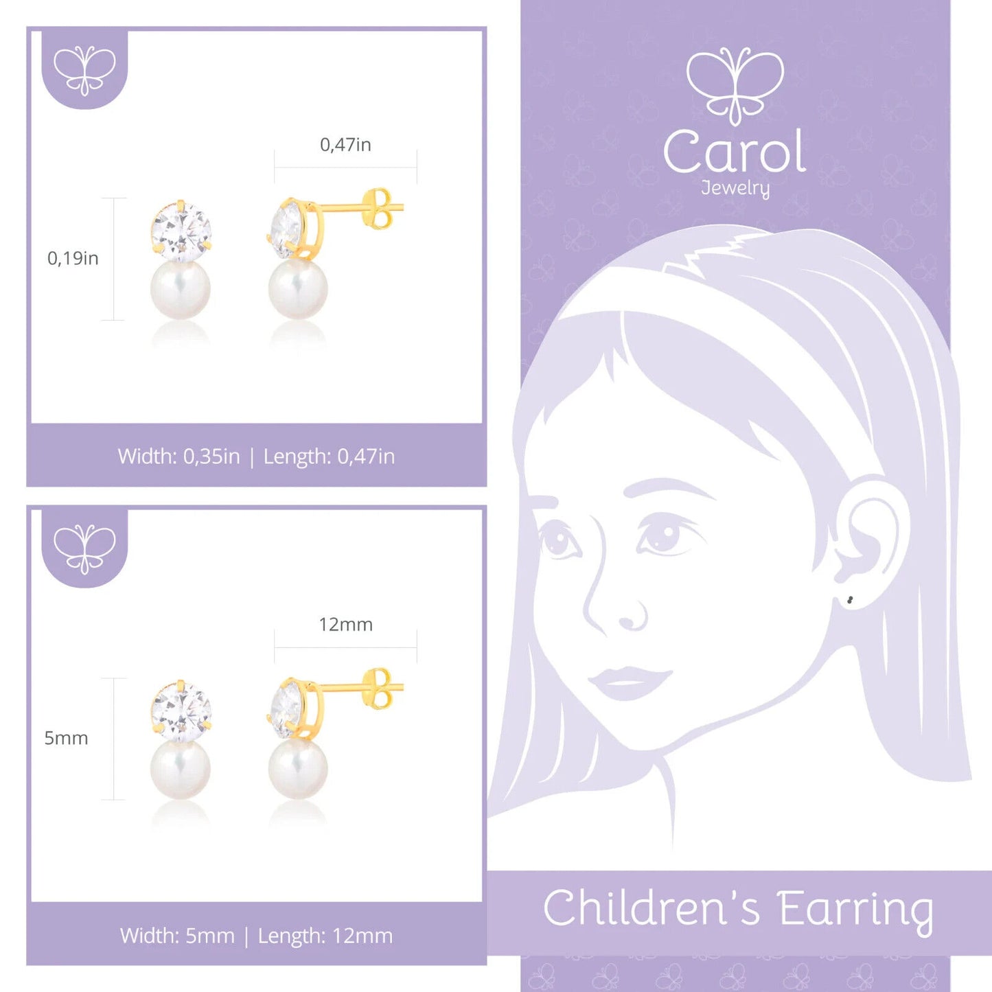 18K Solid Gold Pearl and CZ Stud Earrings Classic White Pearl with Sparkling Cubic Zirconia and Butterfly Backs for Girls or Teens
