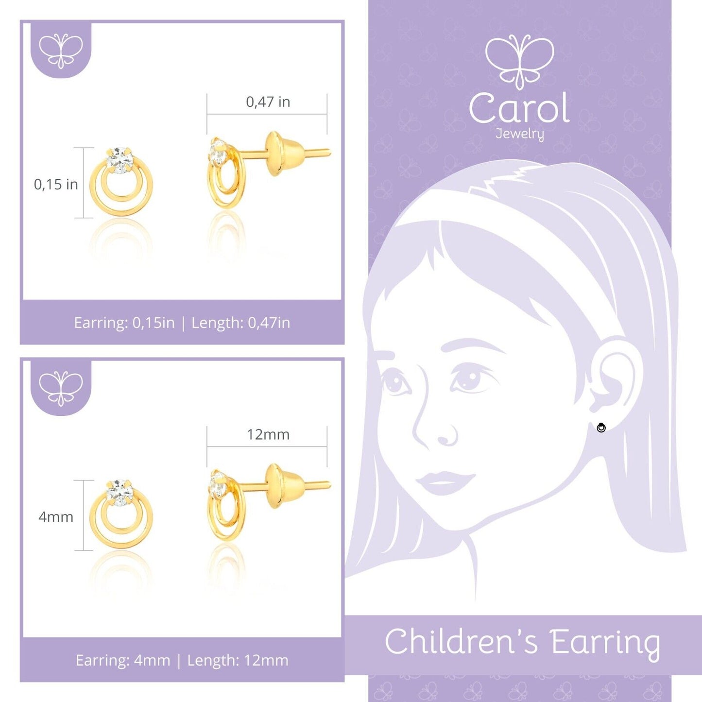 18k Solid Gold Double Circle Zircon Push Back Stud Earrings for Infants Toddlers
