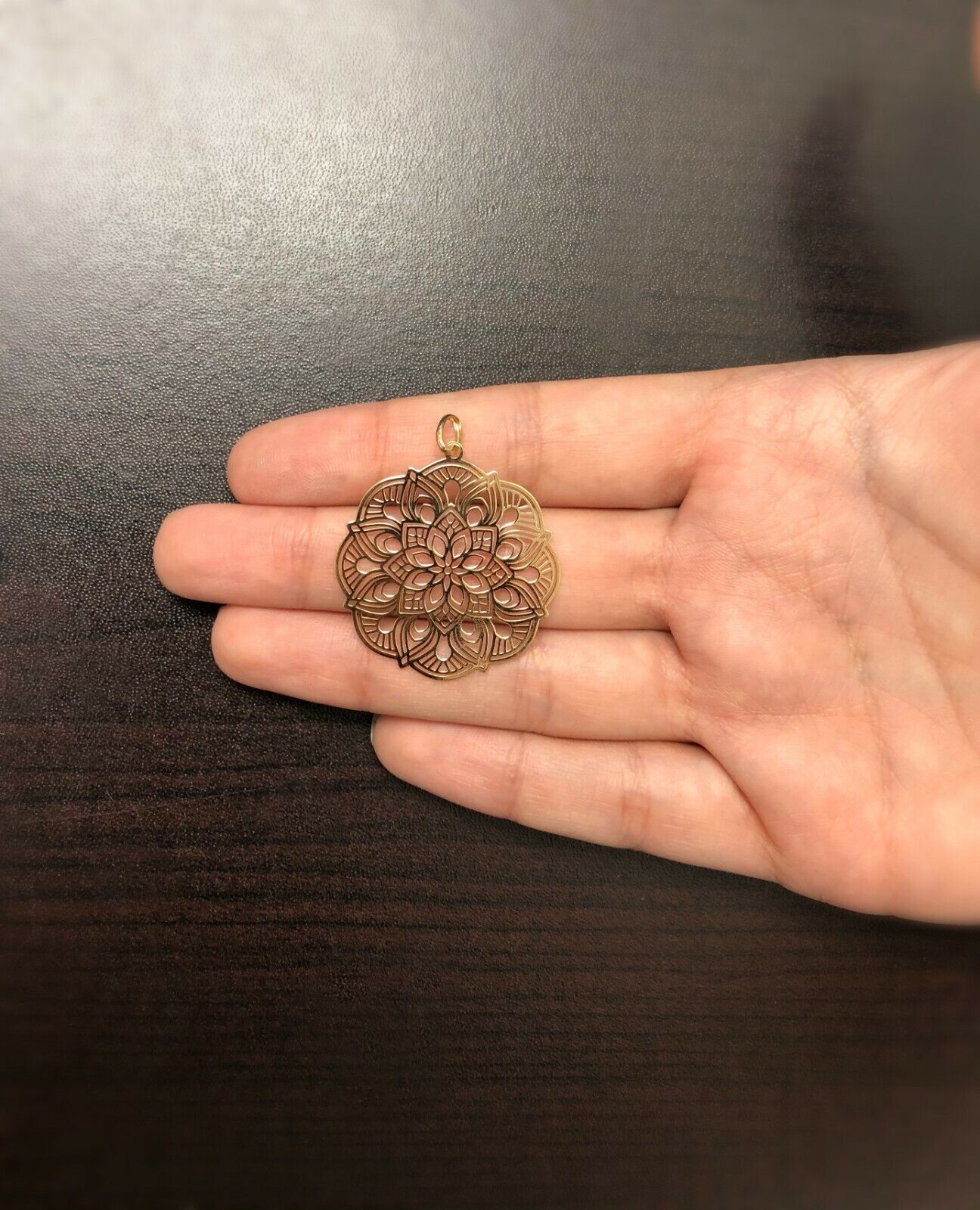 18k Solid Yellow Gold Circle Mandala Shaped charm for Chain for Women
