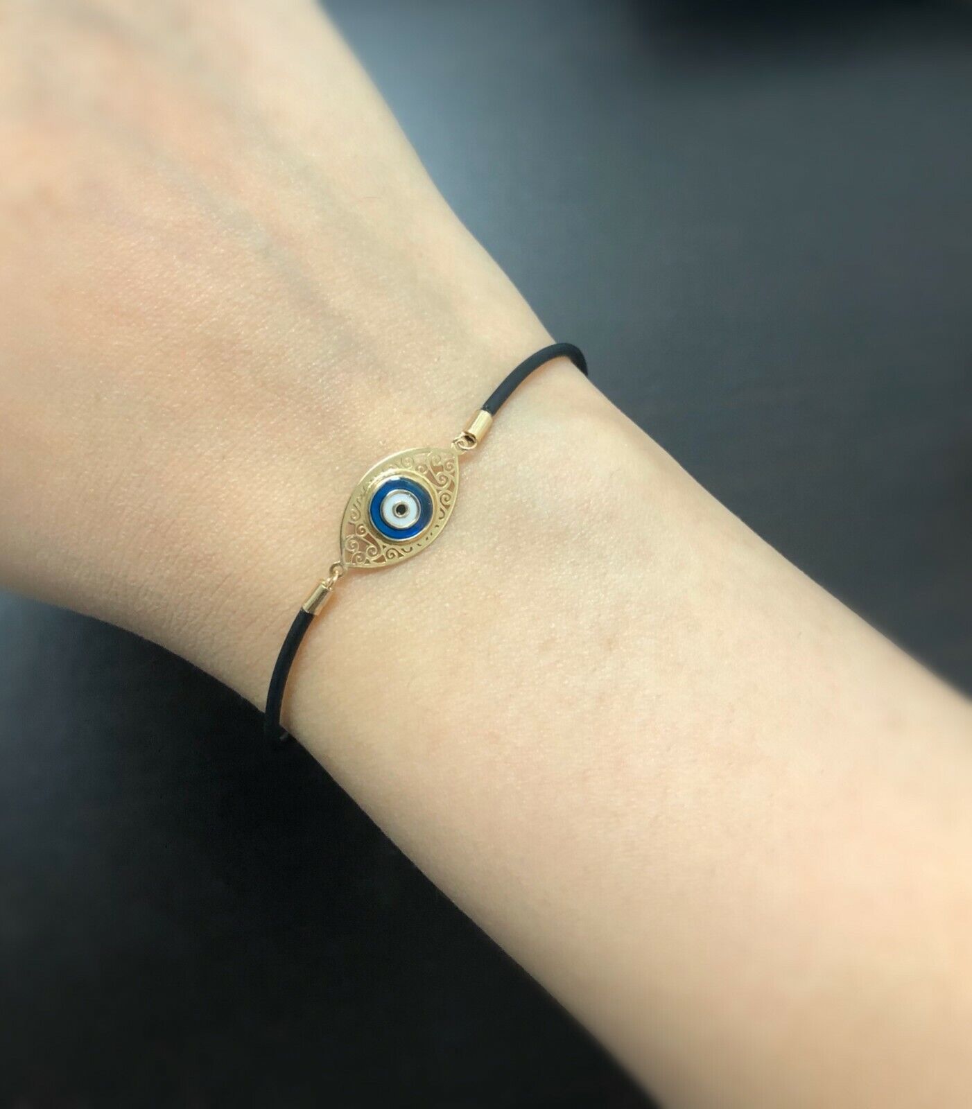 18k Solid Gold Enamel Evil Eye Black Silicone Bracelet for Teens and Women