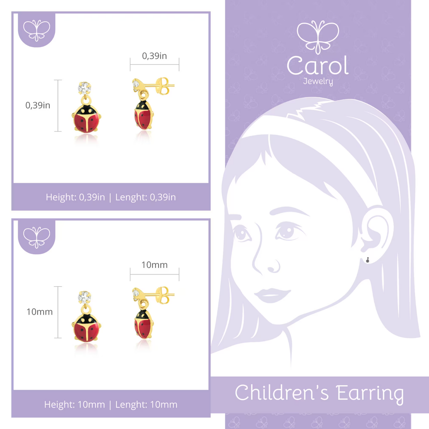 18k Gold CZ Ladybug Earrings for Toddlers Drop Style with Backs