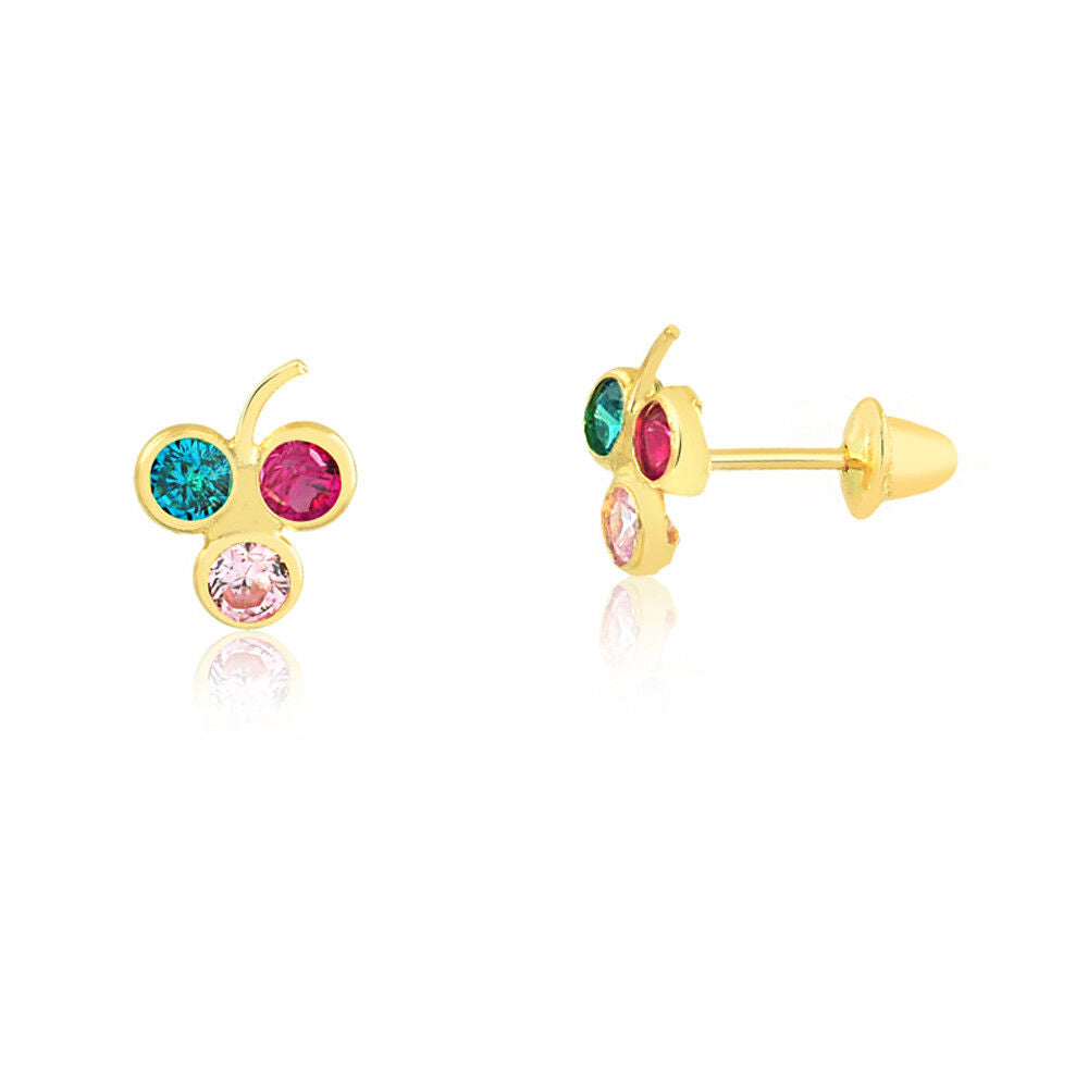 18k Solid Gold Grape CZ Stud Earrings Push Backs Small Jewelry