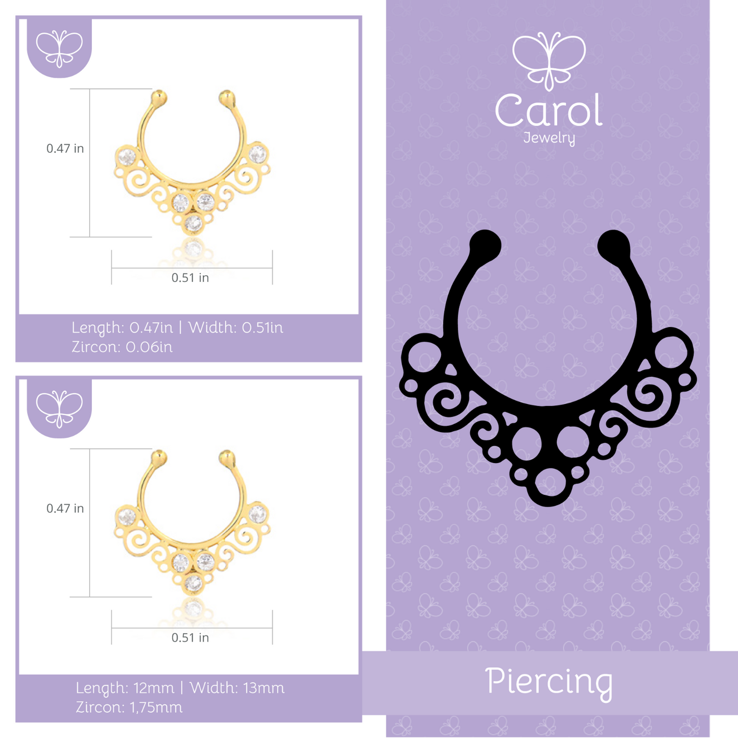 Piercing 18k Solid Yellow Gold Cubic Zircon Tribal Septum Ring Nose Ring Fake