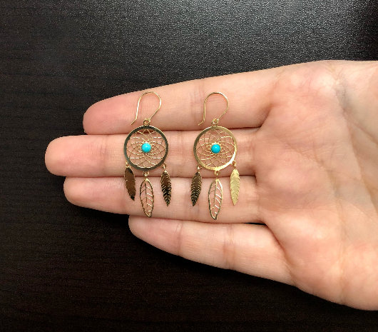Dream Catcher 18k Solid Yellow Gold Turquoise Stone Hook Drop Dangle Earrings