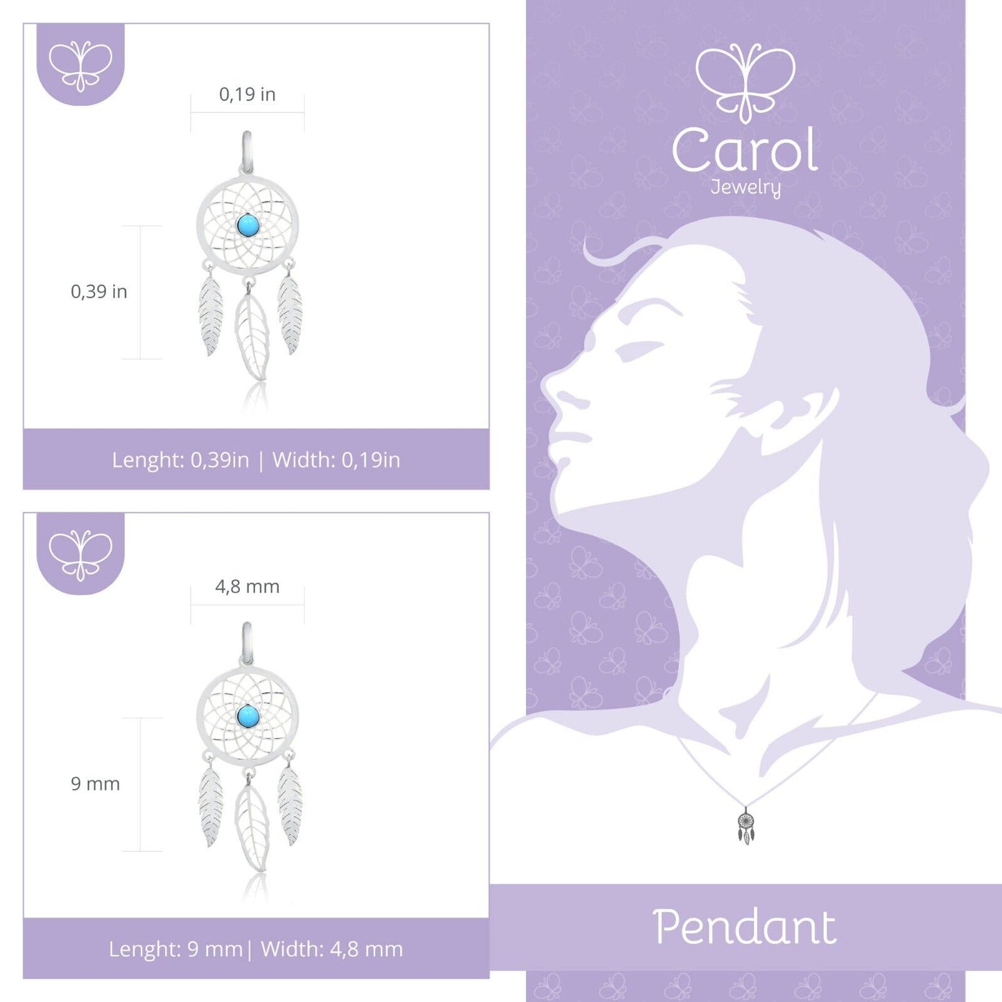 Dream Catcher Turquoise Stone 18k Solid White Gold charm for Chain