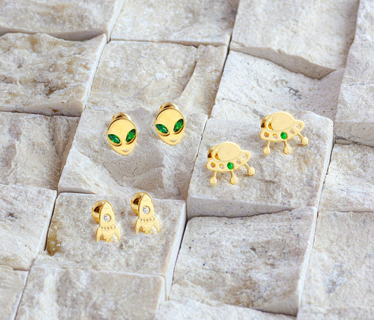 18 K Yellow Gold with zircon Spaceship earrings