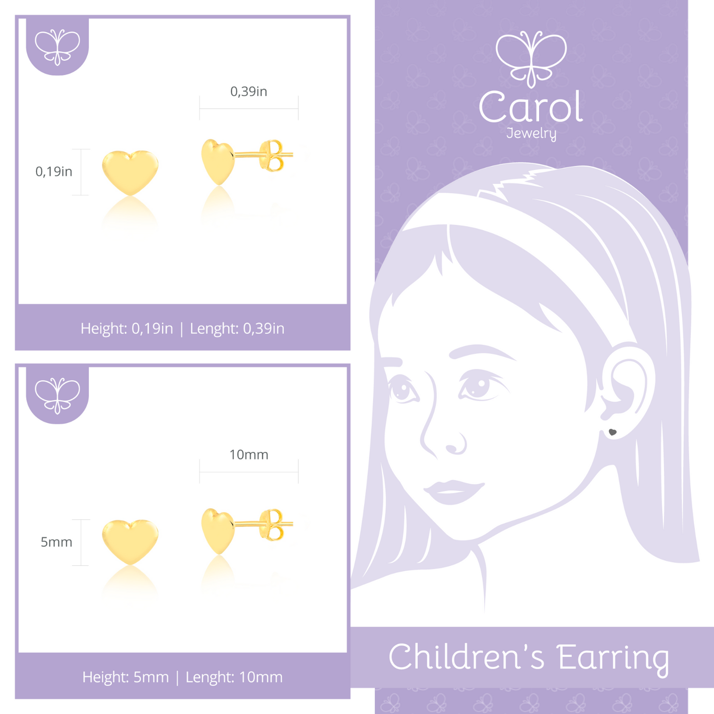 14k Solid Yellow Gold 5mm Heart Stud Earrings Butterfly Backs