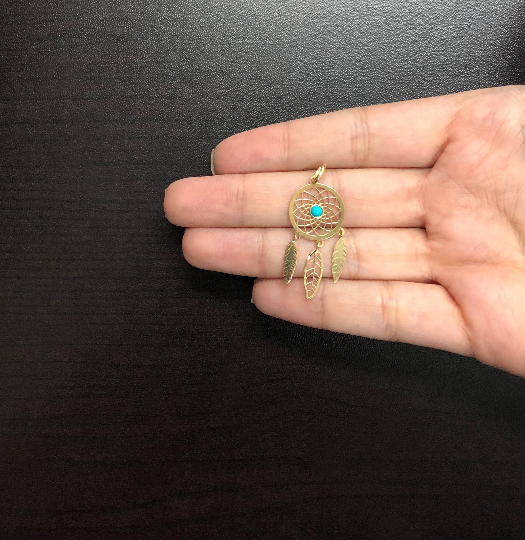 18K Gold Dream Catcher Charm Gift Dream Catcher Turquoise Stone Pendant For Her