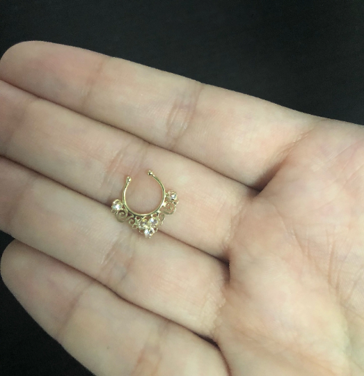 Piercing 18k Solid Yellow Gold Cubic Zircon Tribal Septum Ring Nose Ring Fake