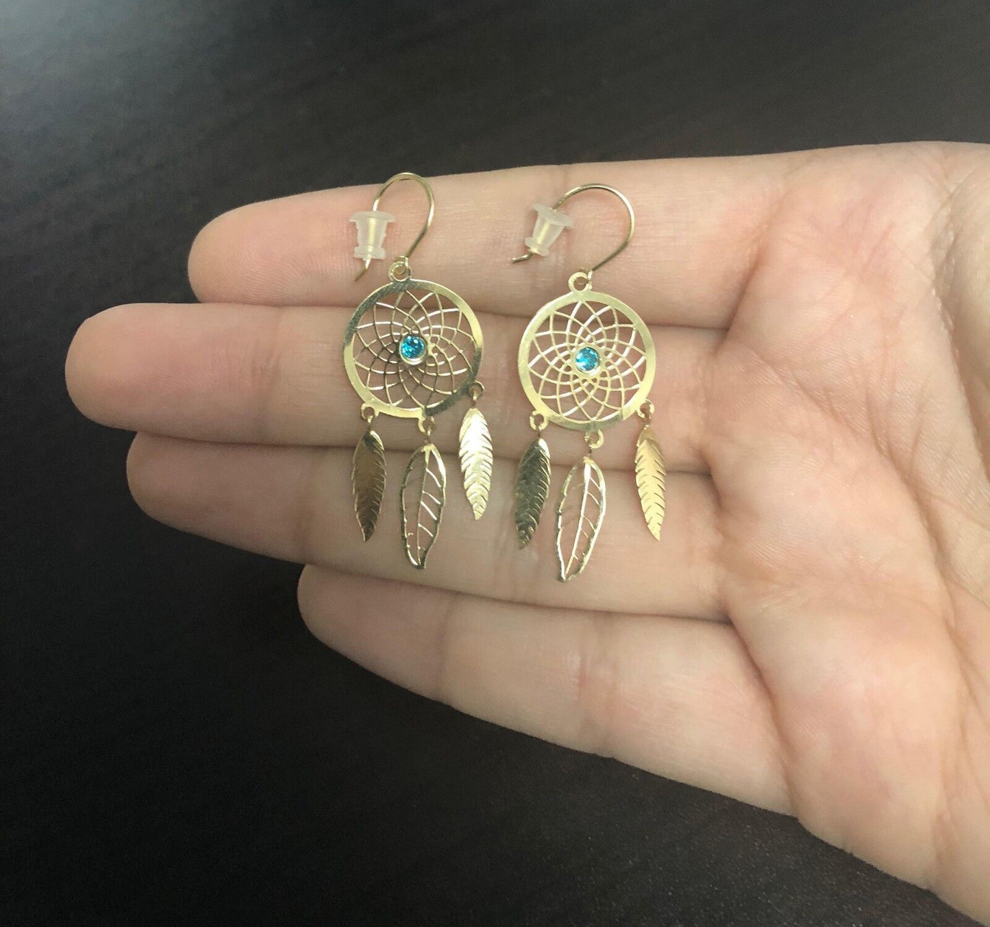Dream Catcher 18k Yellow Gold Feather Blue Zircon Hook Drop Dangle Earrings