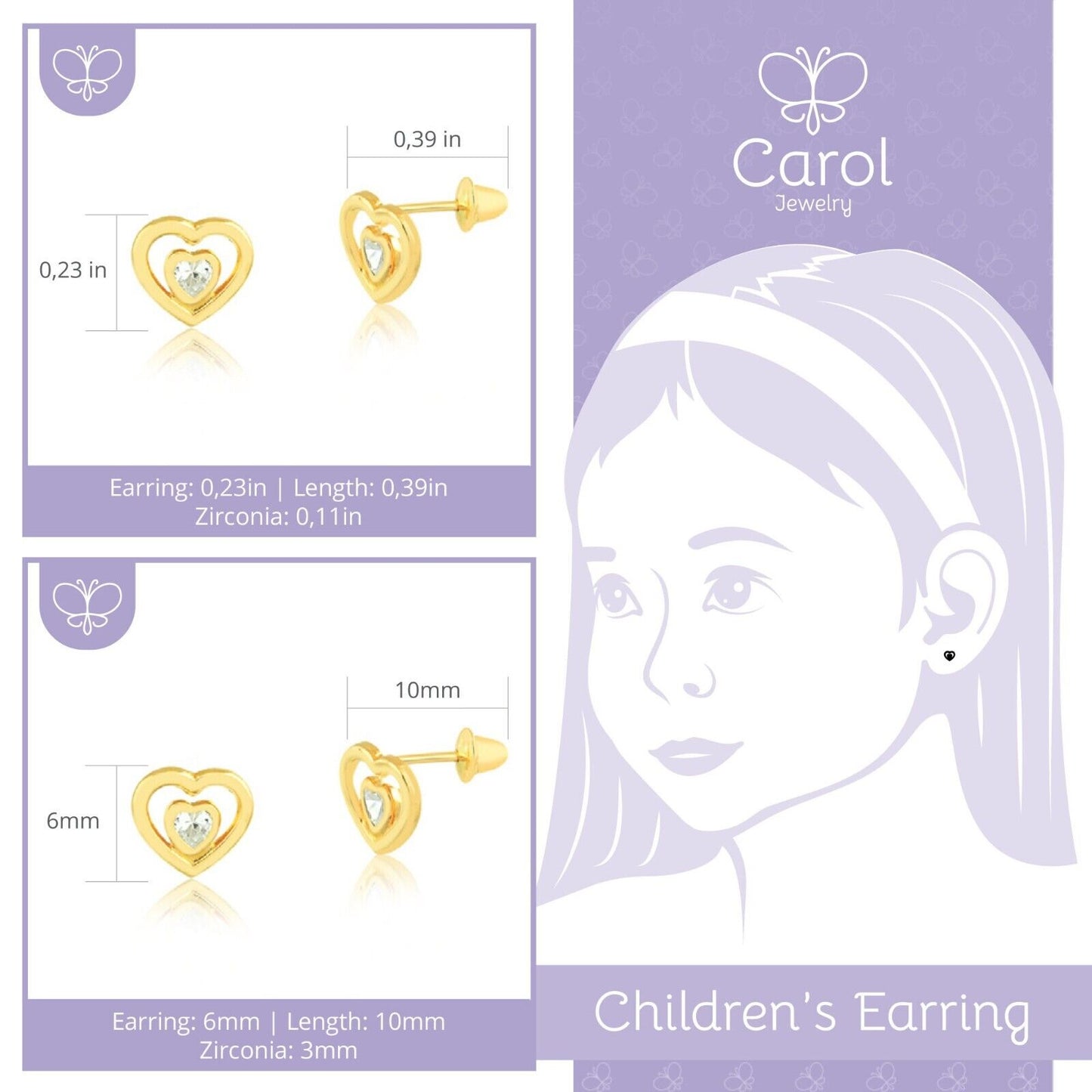 Double Heart Zircon 18k Solid Yellow Gold Push Backs Stud Earrings for Children