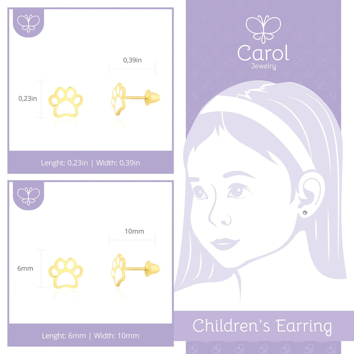 18k Solid Gold White Enamel Dog Paw Push Back Stud Earrings for Toddler Children
