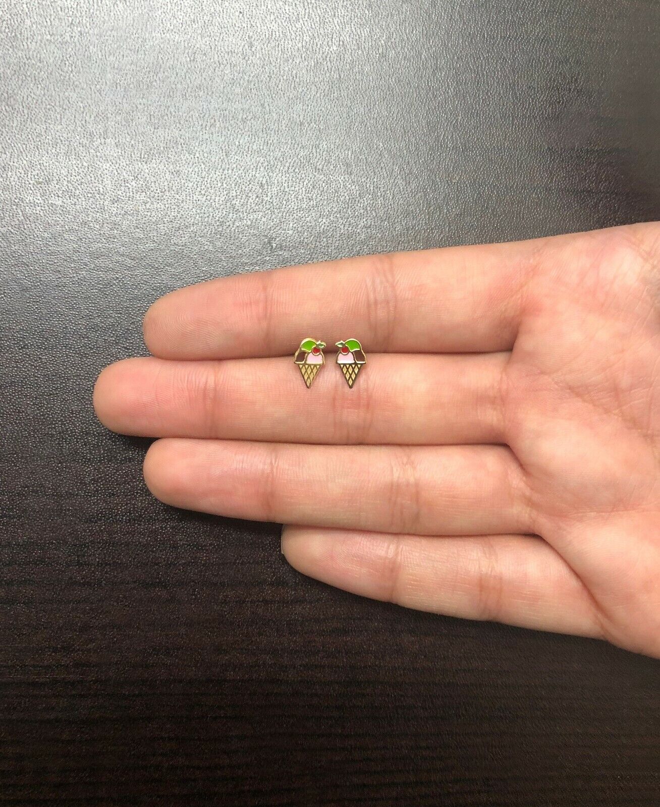 18k Solid Gold Enamel Ice Cream Butterfly Back Stud Earrings Infant and Toddler