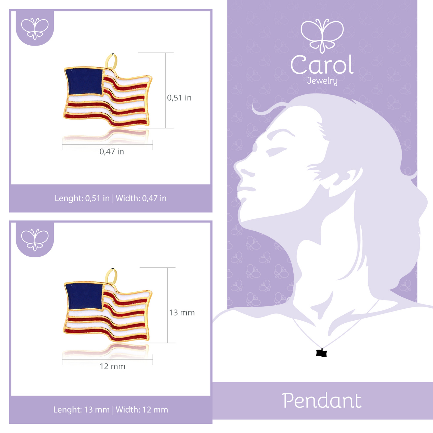 14k Solid Gold USA Flag Enamel Charm for Chain