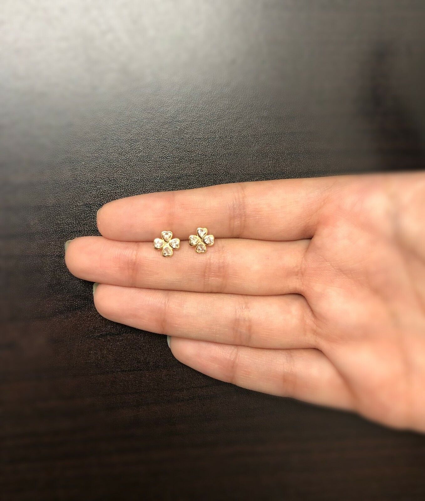 18K Solid Gold Clover Stud Earrings – Heart CZ Lucky Charm with Push Backs for Kids, Girls, or Toddlers