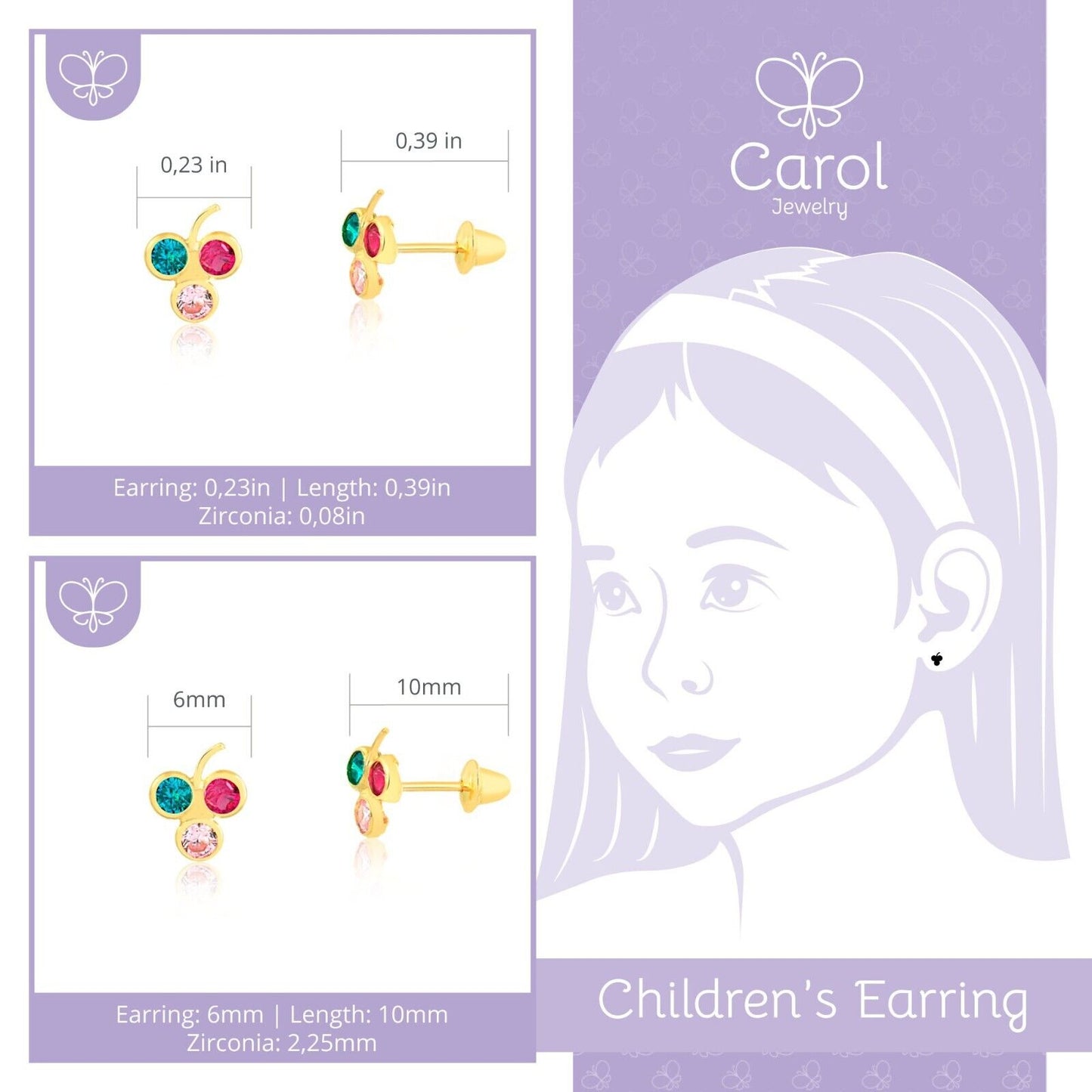 18k Solid Gold Grape CZ Stud Earrings Push Backs Small Jewelry