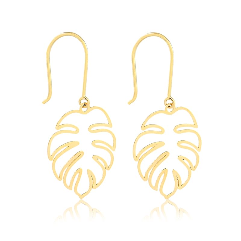 14K Solid Yellow Gold Monstera Leaf Dangle Earrings Tropical Drop Earrings Gift for Women or Nature Lovers
