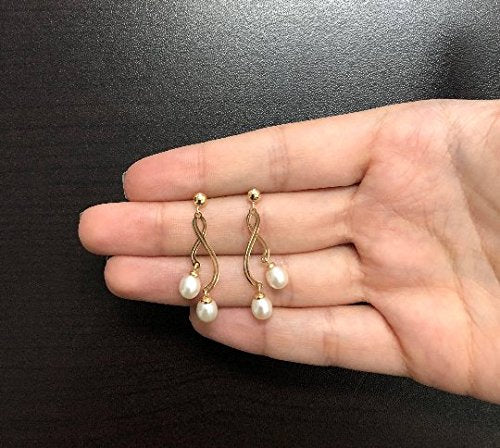 18k Solid Yellow Gold Double Cuff White Freshwater Cultured Pearl Drop Dangle Earrings for Women