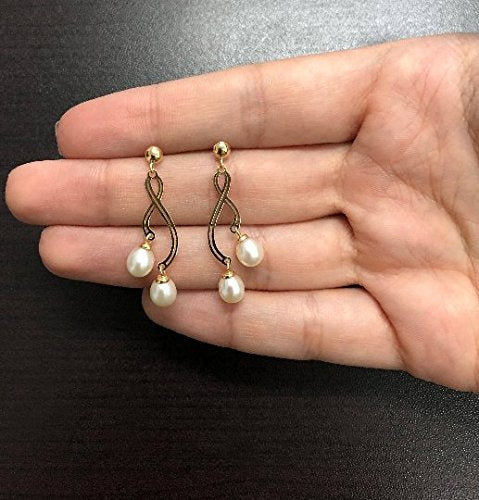 18k Solid Yellow Gold Double Cuff White Freshwater Cultured Pearl Drop Dangle Earrings for Women