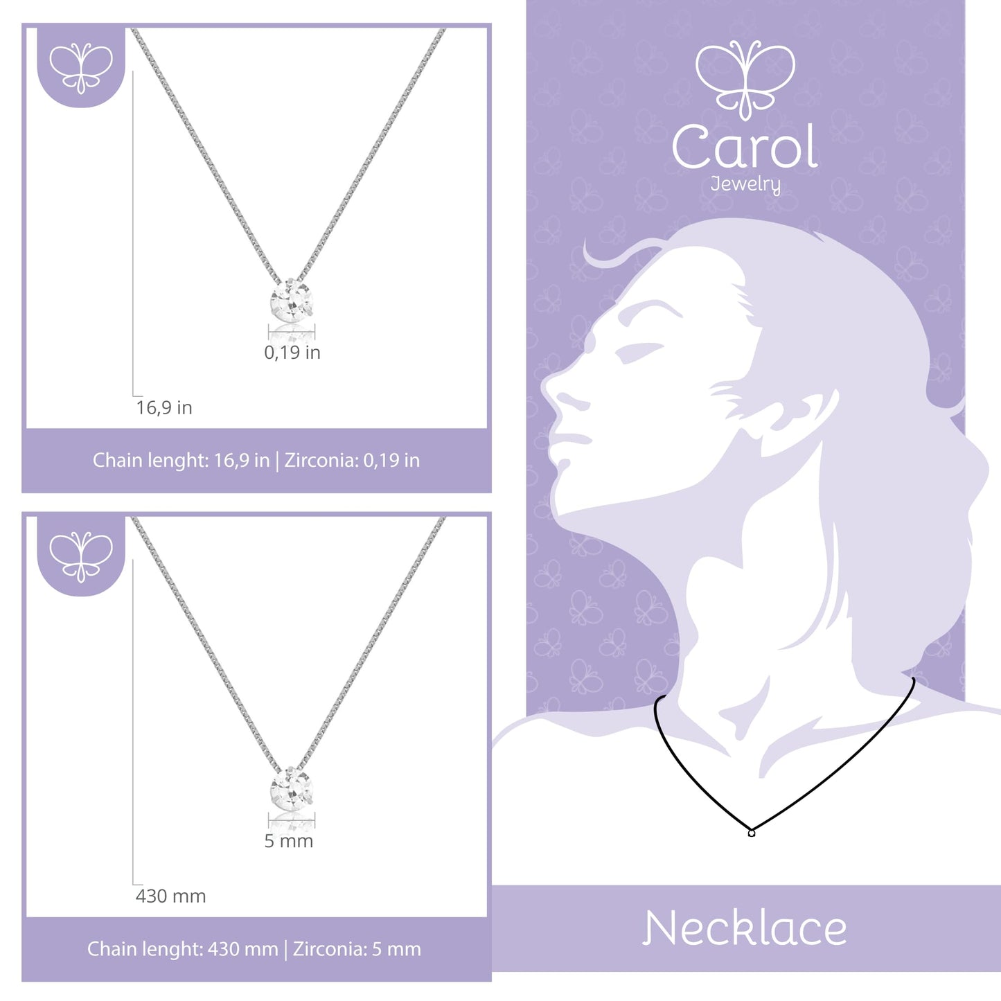 Carol Jewelry 18k Solid White Gold Round ? Cubic Zircon 5 mm Chain for Women and Girls
