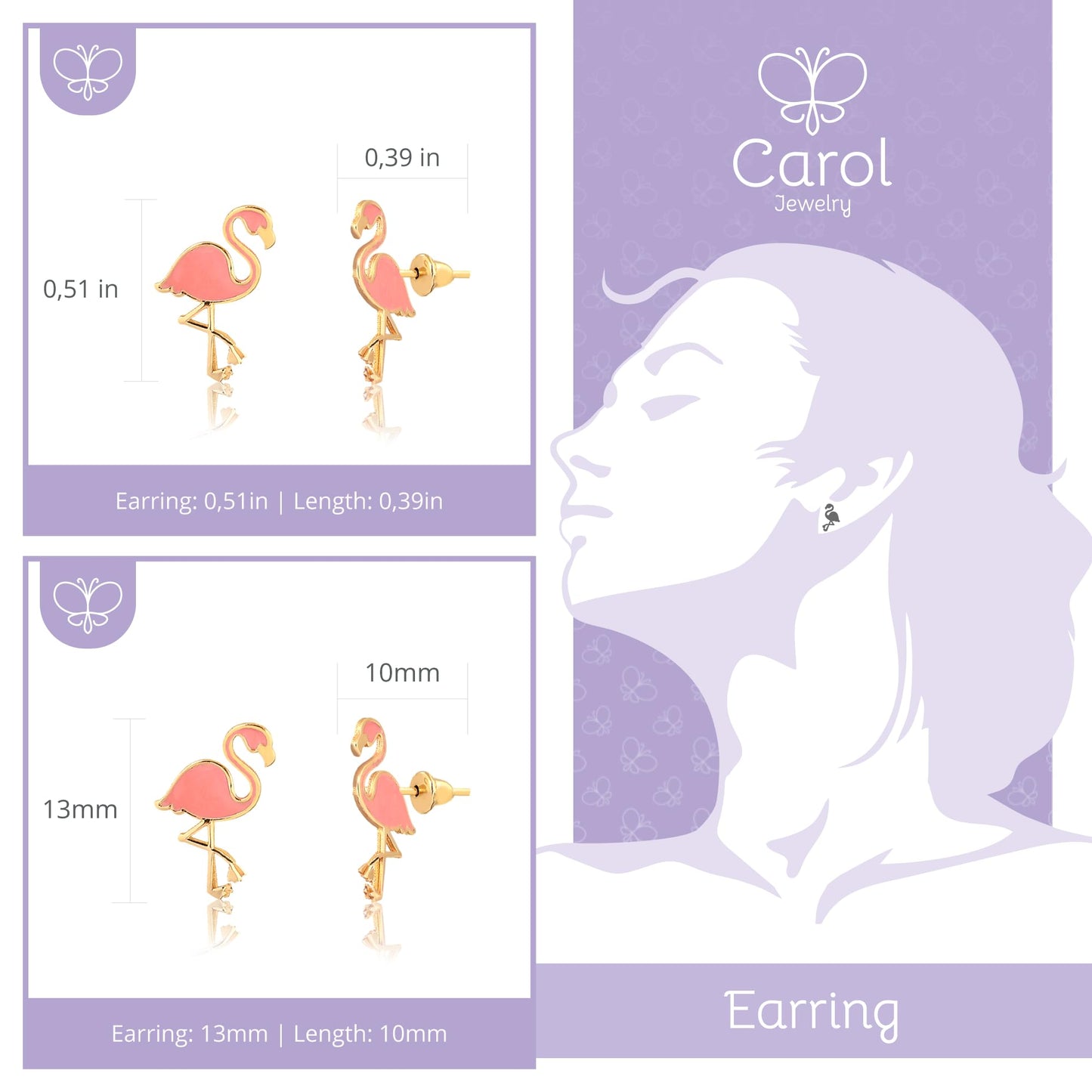 14k Solid Yellow Gold Flamingo Stud Earrings Pink Enamel with Push Backs