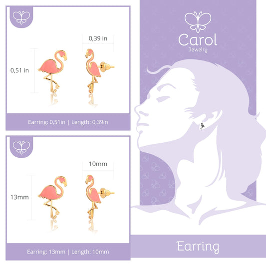 14k Solid Yellow Gold Flamingo Stud Earrings Pink Enamel with Push Backs