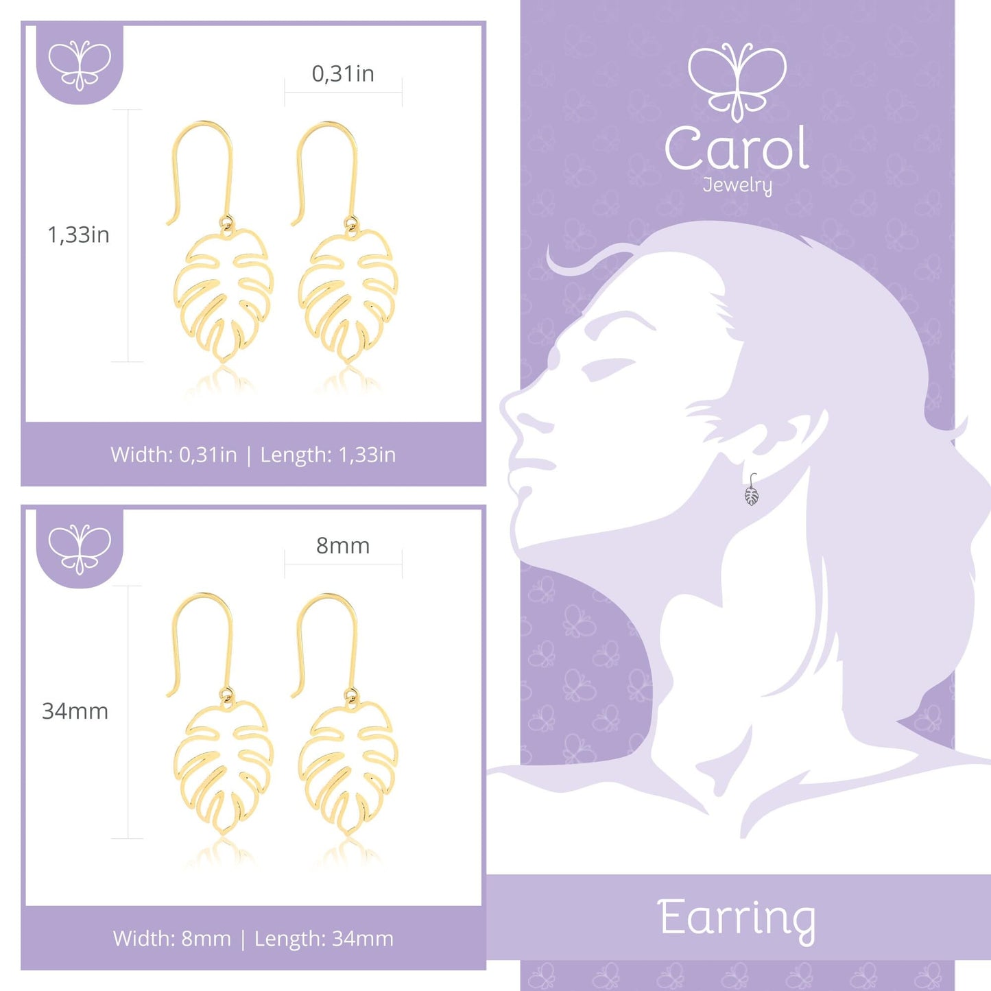 14K Solid Yellow Gold Monstera Leaf Dangle Earrings Tropical Drop Earrings Gift for Women or Nature Lovers