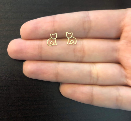 14k Solid Yellow Gold Cat Shaped Butterfly Backs Earrings