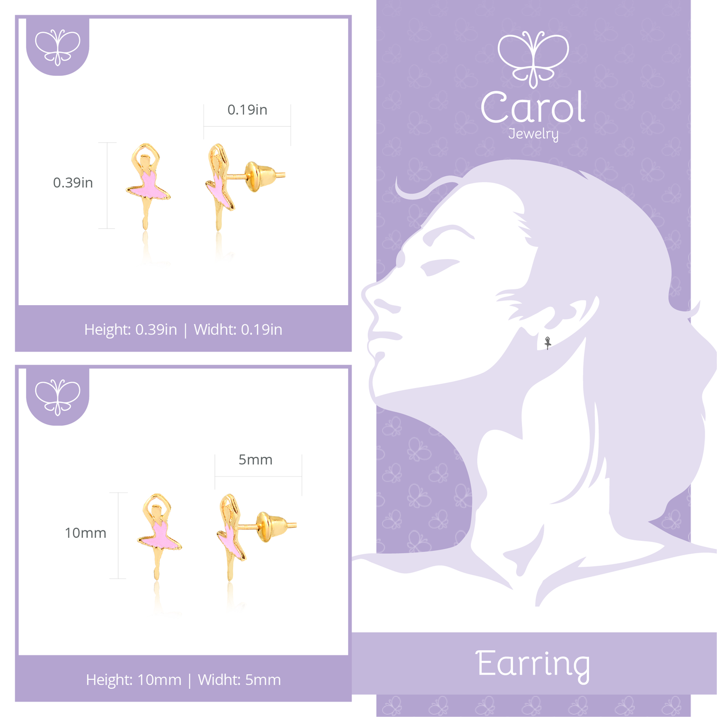 14k Yellow Gold Enamel Ballet Dancer Stud Earrings Push Backs