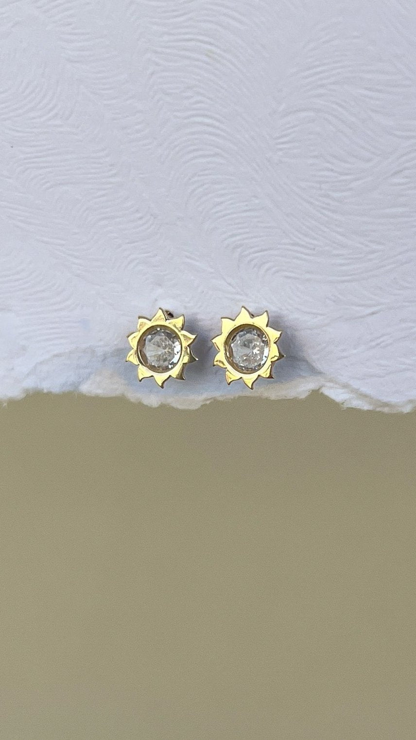 14K Solid Yellow Gold Sun Stud Earrings Dainty CZ Sparkle Earrings with Butterfly Backs Gift for Women or Girls