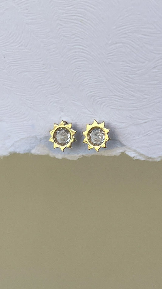 14k Solid Gold Dainty Sun Stud Earrings with CZ | Gift for Her