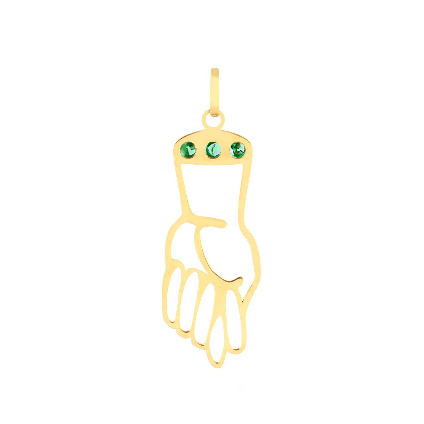 18k Solid Gold Figa Hand Charm with Green Gemstone Protection Pendant
