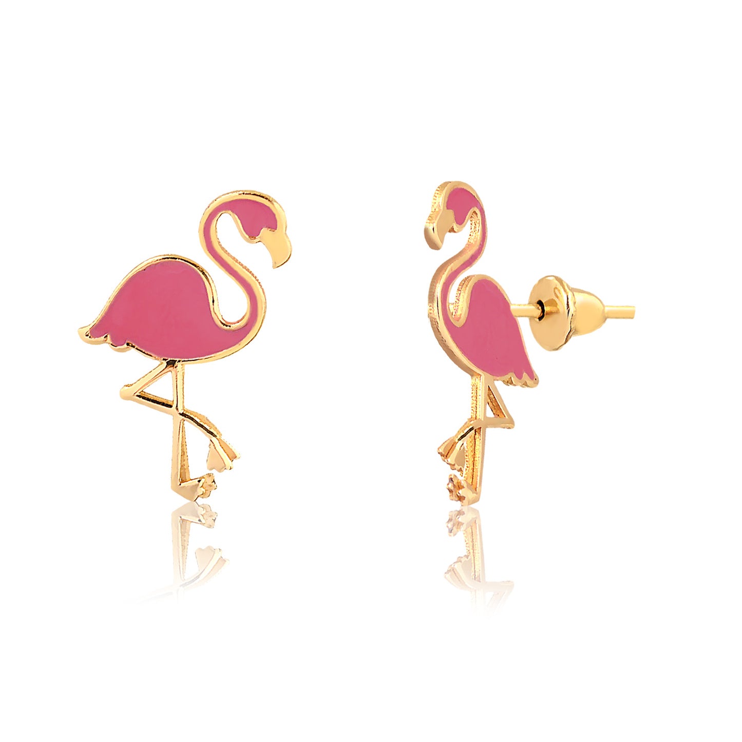 14k Solid Yellow Gold Flamingo Stud Earrings Pink Enamel with Push Backs