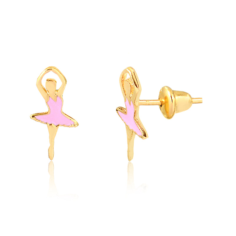 14k Yellow Gold Enamel Ballet Dancer Stud Earrings Push Backs