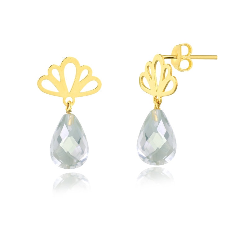 18K Solid Yellow Gold Prasiolite Earrings Natural Green Amethyst Drop