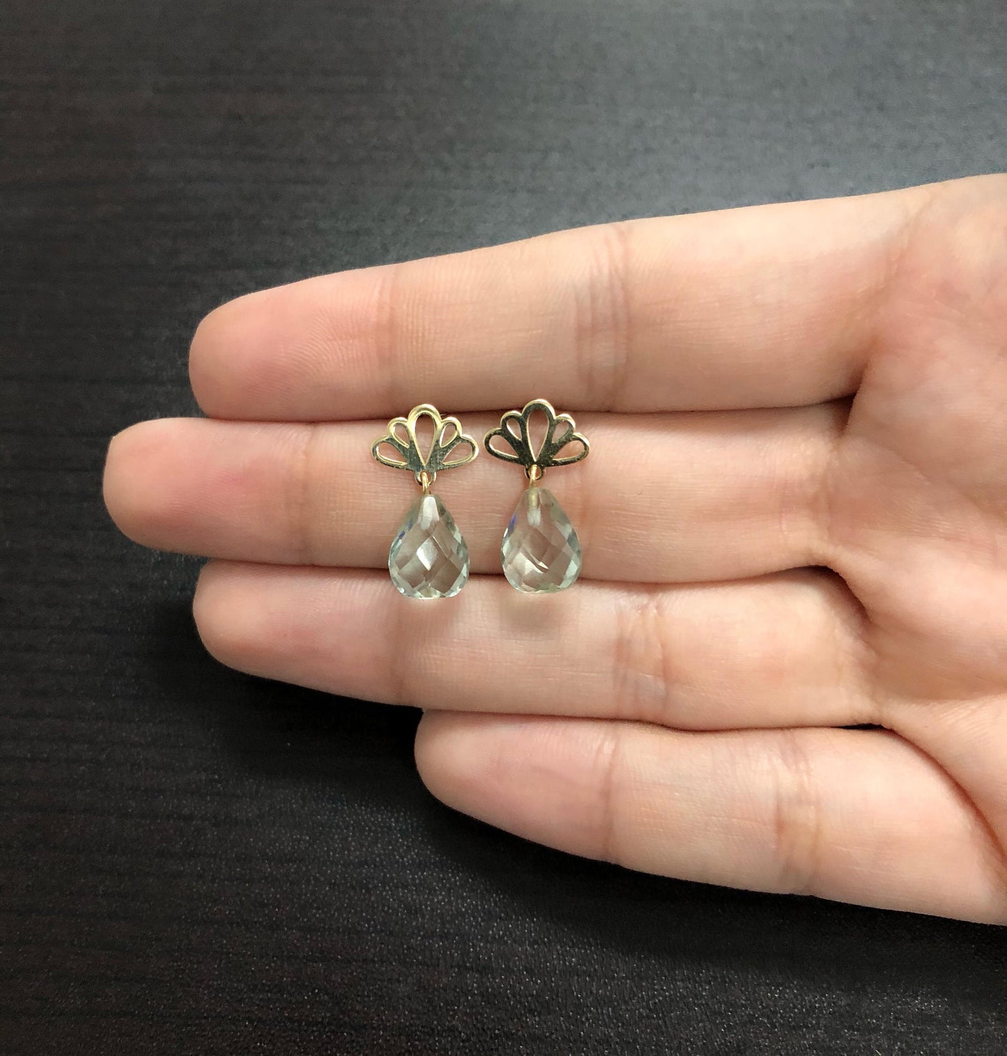 18K Solid Yellow Gold Prasiolite Earrings Natural Green Amethyst Drop