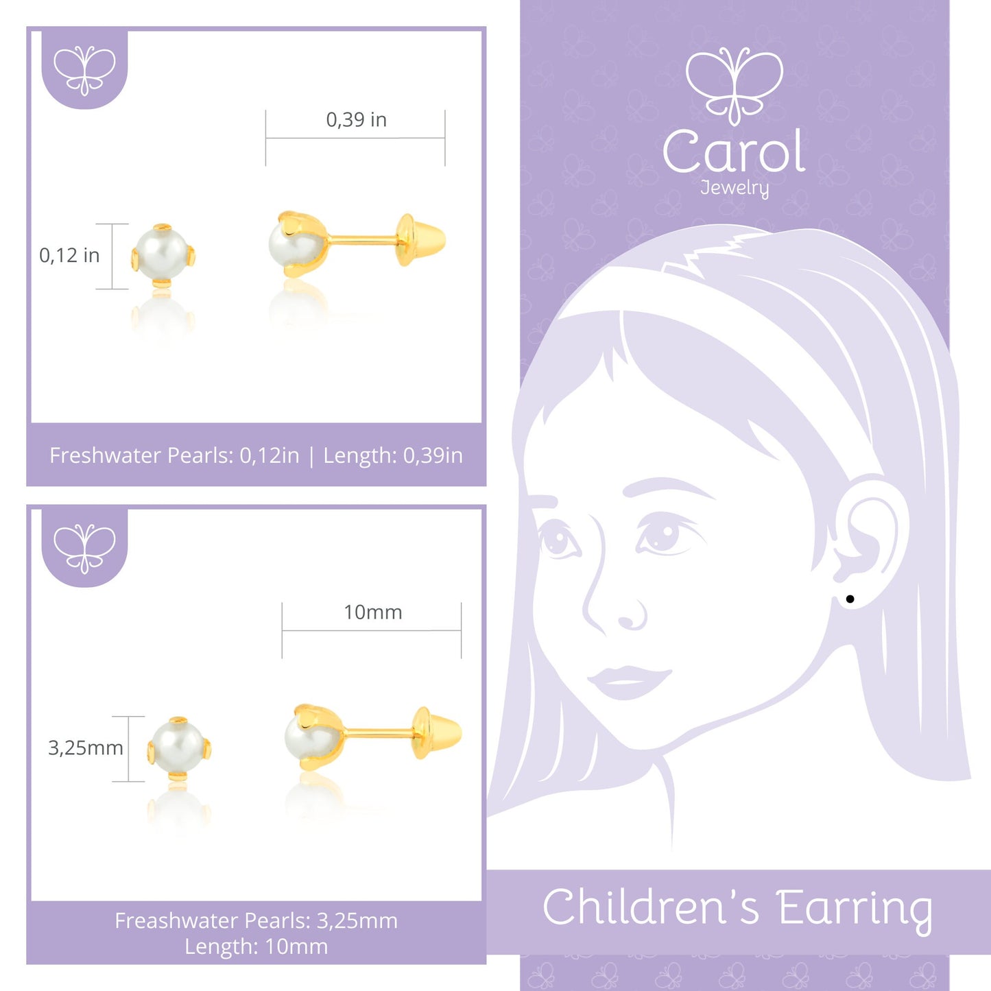 18k Solid Yellow Gold Freshwater Pearl 3 mm Push Backs Stud Earrings for Babies, Infants and Toddlers