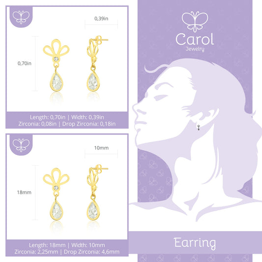 18K Solid Gold Floral CZ Drop Earrings – Delicate Teardrop Studs Gift